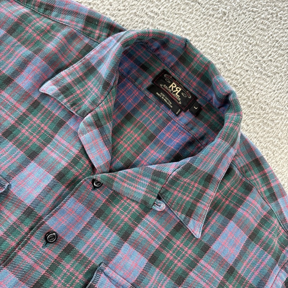 VTG RRL Ralph Lauren Shirt Mens Large Three Star Loop Collar Plaid Distressed